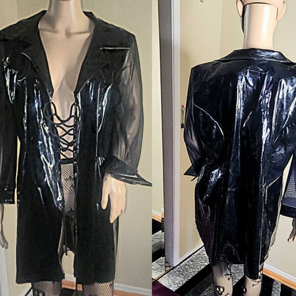 Jackets & Blazers - RARE Vintage goth/club trench coat LACE UP pvc
